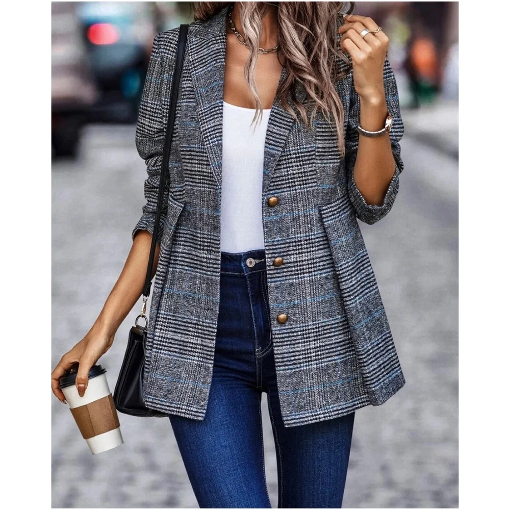 Classic Plaid Button up Jacket Coat Blazer - Picture 1 of 6